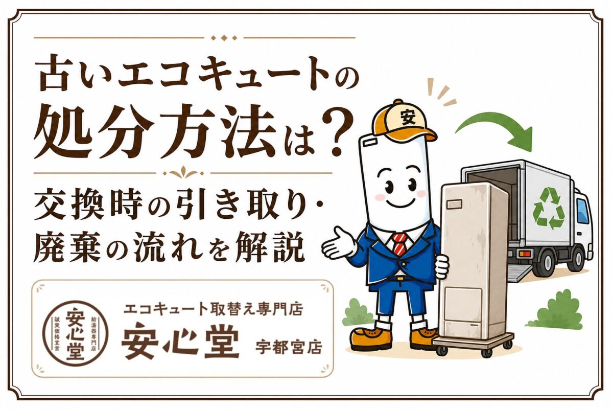 古いエコキュートの引き取りや廃棄の流れを解説する安心堂宇都宮店のアイキャッチ