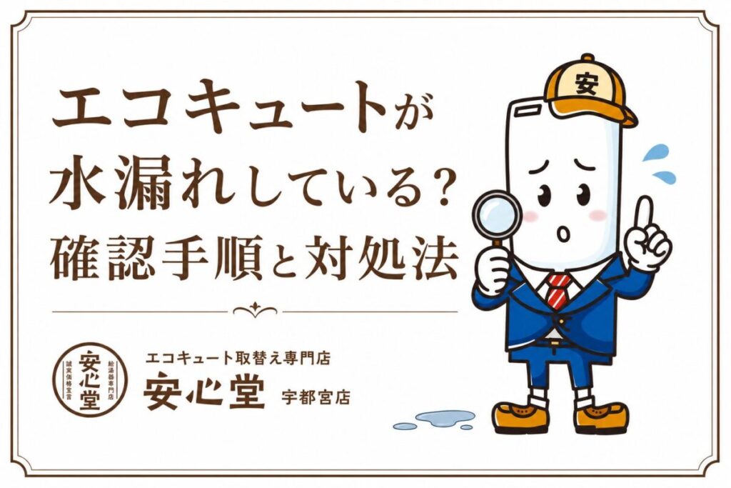 白背景に深い茶色の和風デザインで、「エコキュートが水漏れしている？確認手順と対処法」というタイトルを左側に大きく配置し、右側には虫眼鏡を持って確認している表情のエコキュート型キャラクターを全身で配置した安心堂宇都宮店のアイキャッチ画像。下部には「エコキュート取替え専門店 安心堂 宇都宮店」のロゴが入っている。