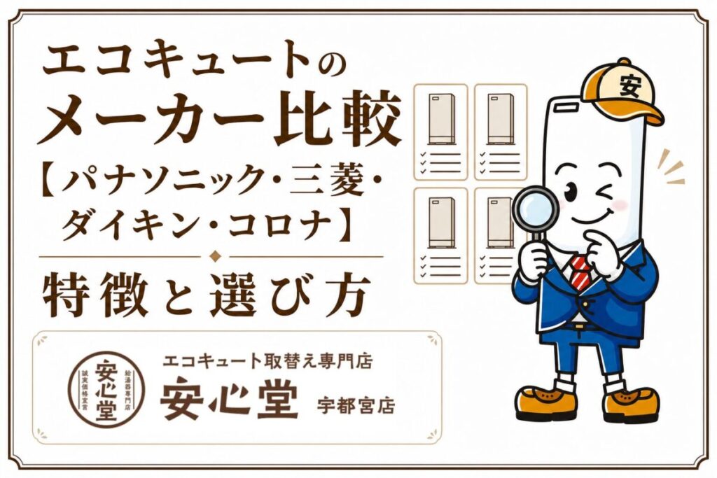 パナソニック・三菱・ダイキン・コロナのエコキュートの特徴を比較する安心堂宇都宮店のアイキャッチ