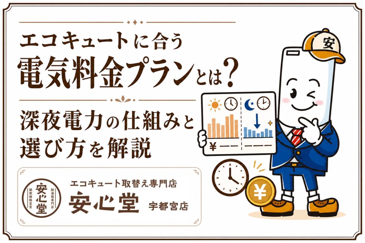エコキュートに適した電気料金プランと深夜電力の仕組みを解説する安心堂宇都宮店のアイキャッチ