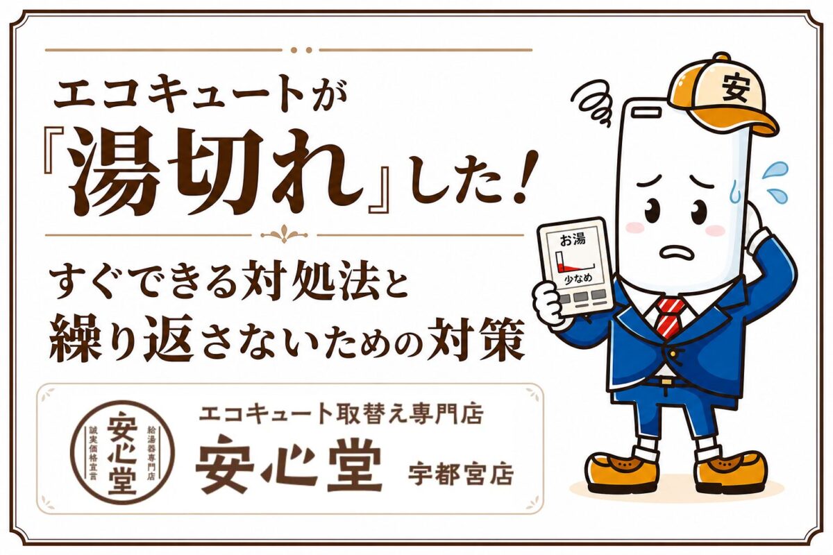 エコキュートの湯切れについて、すぐできる対処法と再発防止策を案内する安心堂宇都宮店のアイキャッチ画像