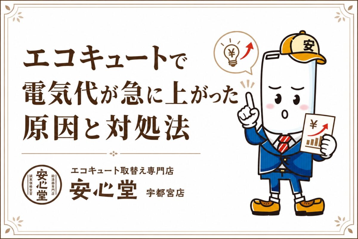 白背景に深い茶色の和風デザインで、「エコキュートで電気代が急に上がった原因と対処法」というタイトルを左側に大きく配置し、右側には指を立てて説明する表情のエコキュート型キャラクターを全身で配置した安心堂宇都宮店のアイキャッチ画像。キャラクターの周囲には電気代の上昇をイメージした円グラフや上向き矢印のアイコンがあり、下部には「エコキュート取替え専門店 安心堂 宇都宮店」のロゴが入っている。