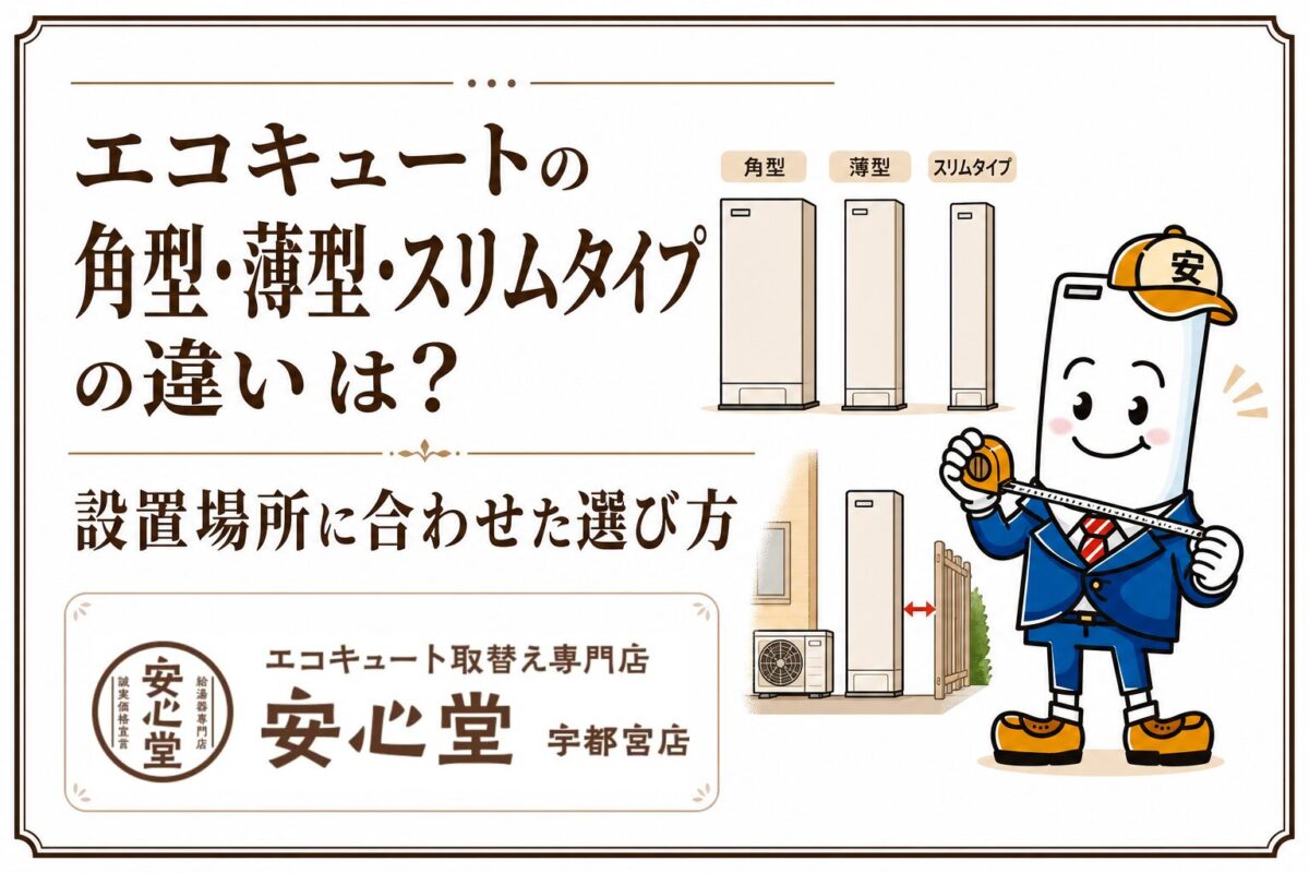 エコキュートの角型・薄型・スリムタイプの違いと設置場所に合った選び方を紹介する安心堂宇都宮店のアイキャッチ