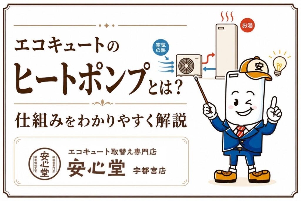 エコキュートのヒートポンプの仕組みを分かりやすく解説する安心堂宇都宮店のアイキャッチ